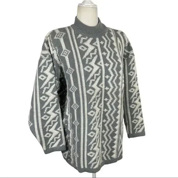 Kitty Hawk Retro Mix Print 80s Pullover Knit Sweater with Shoulder Pads Medium - Picture 2 of 13